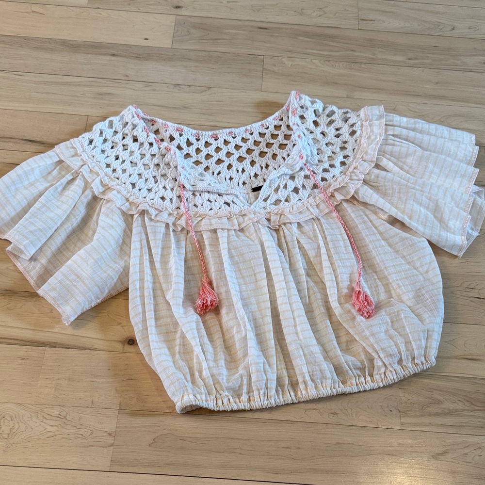 Free People Allora Crochet Short Sleeve Blouse Shirt Top-100% Cotton-Boho-XS